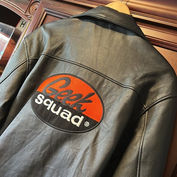 Geek Squad Other - Geek Squad Automotive Racing Black Leather Bomber Jacket with Race Stripes!